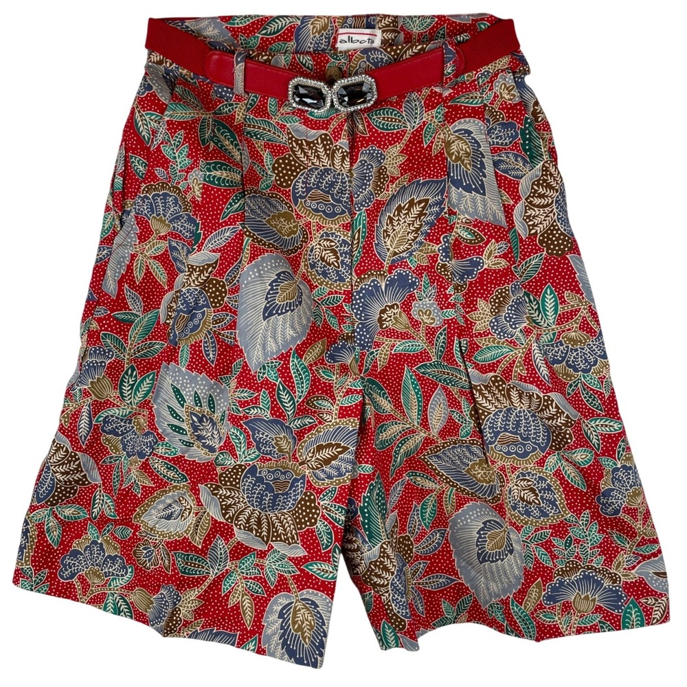 Talbots Vintage Red Batik Floral Cotton Pleated Shorts with Jeweled Belt Size 10